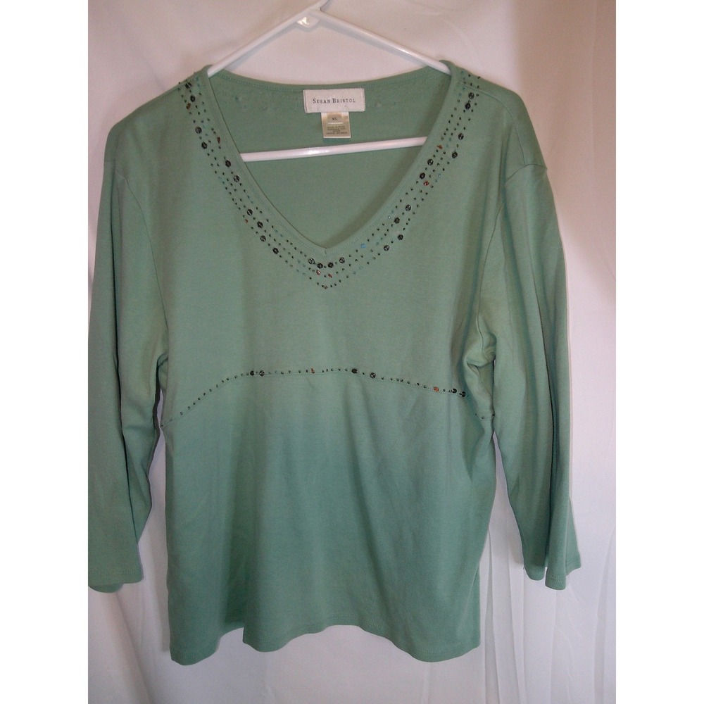 Susan Bristol Embellished Top‎ V-Neck 3/4 Sleeve Casual Green Blouse XL